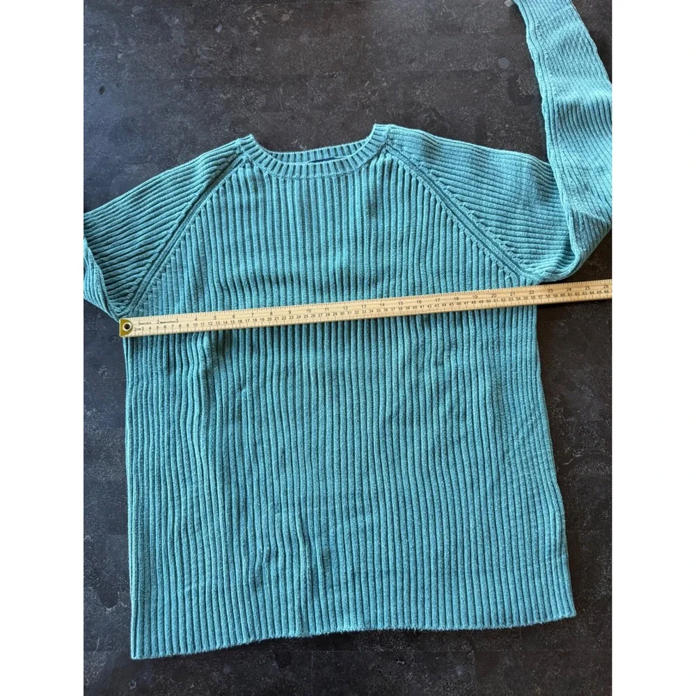 Lands End Ribbed Cotton Sweater Teal‎ Green Mens XL 46-48 Regular Raglan Sleeve
